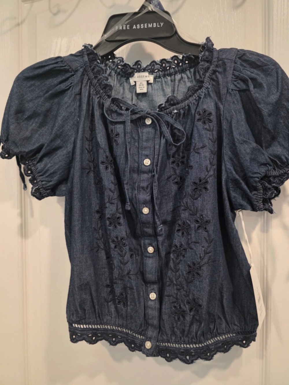 Women's Navy Embroidered Button-Front Peasant Top
